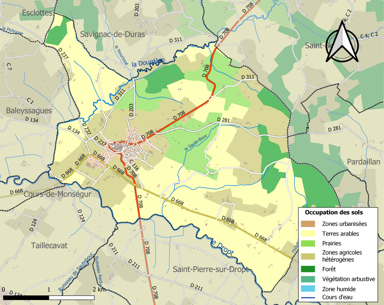 Carte des infrastructures et de l'occupation des sols de la commune en 2018 (CLC).